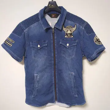 VANSON x TFOA 콜라보 컷 데님 ZIP 셔츠 자수