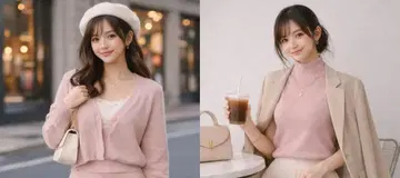 [이번 시즌 트렌드] 미색 핑크 3세트 니트 가디건 + 상의 + 스톨