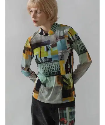 :ETHROF PHOTO PRINT HIGH-NECK SHEER TOPS