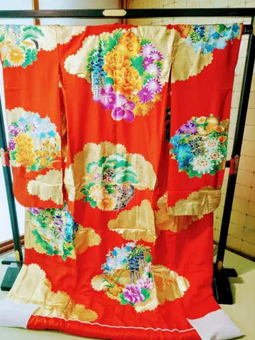 빨간색 꽃무늬 기모노 마루쇼유젠 우치카케