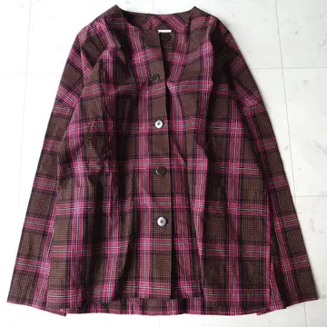 새상품급 마르샹 드 샤르 체크 올 패턴 소매 리본 노카라 블라우스