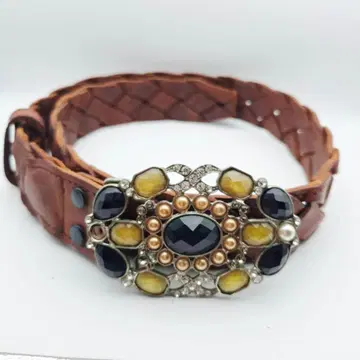 미사용 브라운 웨빙 벨트 보석풍 버클 포함