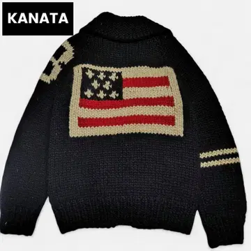 레어 Kanata 카나타 카우친 스웨터 성조기 레터드 핸드 니트 블랙