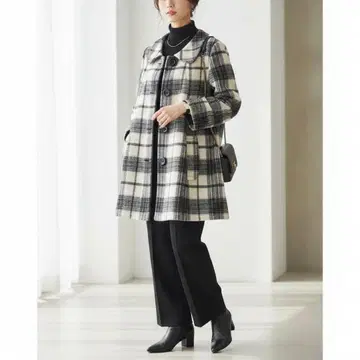 G5672*OFUON 오프온 체크 무늬 울 코트 크림색 38