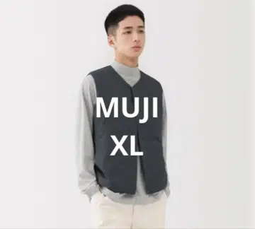 MUJI 신사 경량 다운 포켓터블 노카라 베스트 신사 XL 스모키 블루