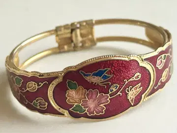 빈티지 당시 물건 깊이 있는 빨간색 도자기 나비와 꽃 개폐식 팔찌 뱅글