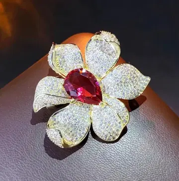 이탈리아 구매 럭셔리 꽃 모티브 브로치 루비풍 스톤 & 크리스탈 새상품