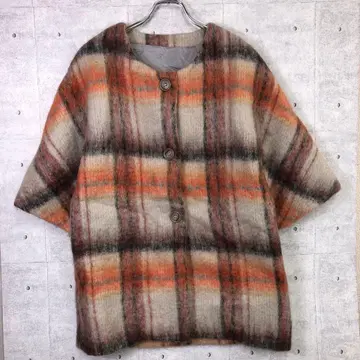 오리엔탈 모던 체크 무늬 7부 소매 노카라 kimono 자켓