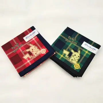 새상품 피카츄 손수건 2장 세트 체크 무늬 빨간색과 그린 포켓몬
