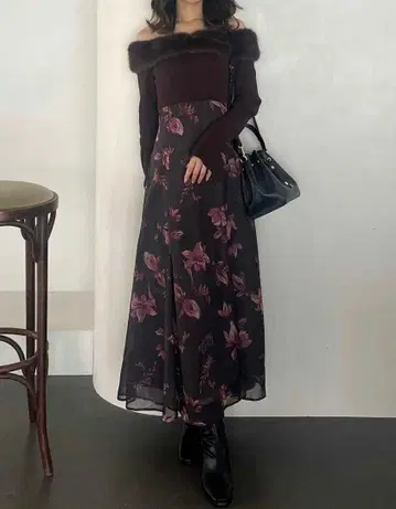 MERCURY DUO 꽃무늬 오프숄더 니트 도킹 원피스