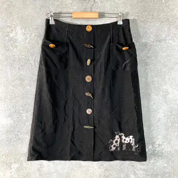 이타리야 타이트 스커트 롱 기장 블랙 버튼 개성있는 고양이 와펜
