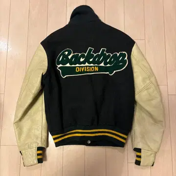 used 골든베어 x 백드롭 바시티 자켓 S 그린 x 소매 가죽 베이지