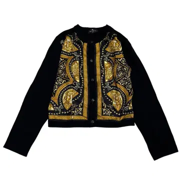 ETRO 절개 가디건 블랙 골드 실크 울 스카프 패턴 42