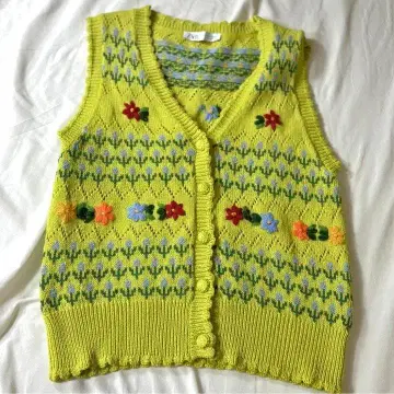 ZARA 자수 싸개 단추 니트 베스트 M 그린 꽃무늬 입체 플라워