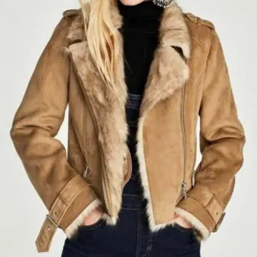 Zara 퍼 포함 베이지 스웨이드 라이더 자켓