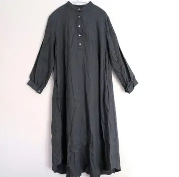 fog linen work 리투아니아 린넨 밴드 카라 원피스 다크 네이비