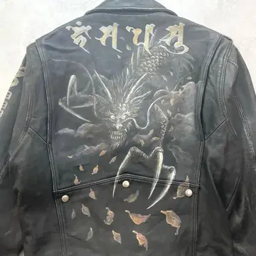 분위기 발군 용 스컬 더블 라이더 자켓 페인트 범자 일본풍 패턴 블랙