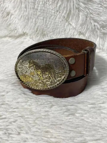 웨스턴 천연 가죽 가죽 벨트 브라운 말 버클 미국제 빈티지