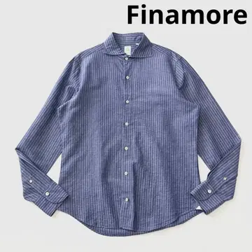 Finamore 피나모레 와이드 칼라 코튼 린넨 스트라이프 셔츠