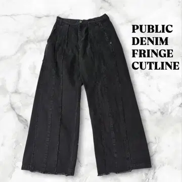 [ PUBLIC TOKYO ] 프린지 컷 라인 와이드 블랙 데님