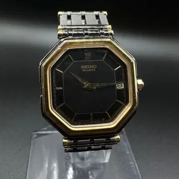 SEIKO 쿼츠 작동품 옥타곤 남성용 데이트 블랙 다이얼 골드 컬러