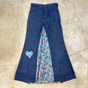 70s USA 플레어 데님 꽃무늬 절개 하트 패치워크 TALON