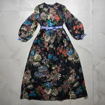 꽃무늬 원피스 리본 프릴 맥시 길이 A라인 쇼와 레트로 벨트 M