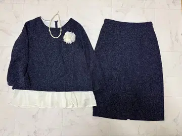 M 블루이스트 트위드풍 프릴 블라우스 스커트 네이비