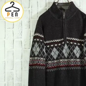 [무료배송] 하프 집업 니트 스웨터 노르딕 무늬 다크 그레이 L