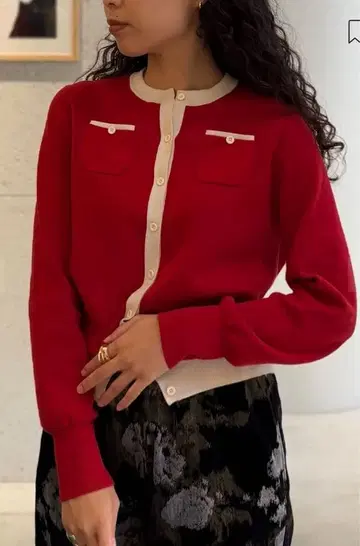 캬바 코튼 캐시미어 바이컬러 크루넥 가디건 빨간색 x 화이트