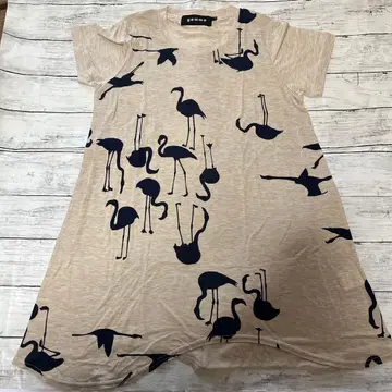 gomme 베이지 미사용 플라밍고 패턴 T셔츠 튜닉 기장 M