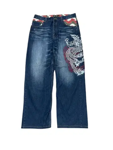 미야비유이 드래곤 패턴 자수 와이드 레그 데님 팬츠
