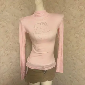 헤이세이 갸루 00s 히메 스타일 헬로키티 긴팔 터틀넥 T셔츠 핑크
