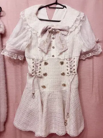 리즈리사 메시지 리본 트위드 셋업 반팔 화이트