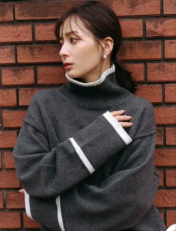 새상품급 아뉴앙스 캐시미어 혼방 하이넥 바이컬러 니트 풀오버 워셔블