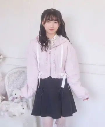 허니시나몬 드로스트 리본 후드티 블루종 핑크