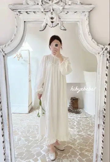 hibyebebe 레이스 디자인 화이트 롱 프릴 원피스