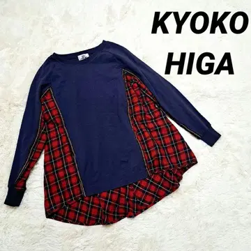 [새상품급] KYOKO HIGA 체크 무늬 네이비 롱T 상의 절개