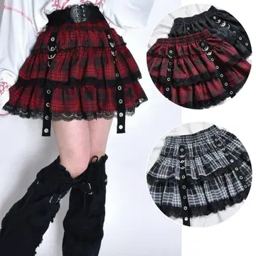 볼칸 서브컬쳐 자수 체크 아일렛 캉캉 스커트 체크 레그 워머