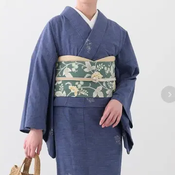 기모노노 야마토 염색 양면 반폭 오비 꽃 사라사 짙은 녹색