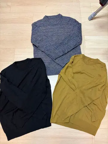 무인양품 니트 3장 세트 워셔블 메리노울+잔사로 짠 크루넥 스웨터