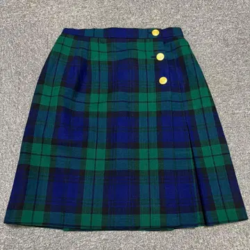 YORK LAND 요크랜드 타탄 체크 플리츠 랩스커트 골드 버튼