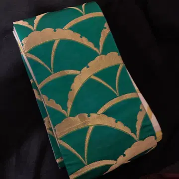 이슬 맺힌 잔디 무늬 금, 청록색 리버서블 반폭 오비