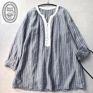 nest Robe 긴팔 린넨 100% 셔츠 네이비 밴드 카라 스트라이프