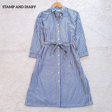 스탬프앤다이어리 셔츠 원피스 스트라이프 리본 코튼