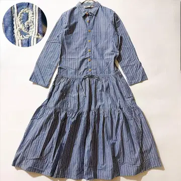 45R 블루 스트라이프 셔츠 원피스 벨트 롱 & 자수 개더 1