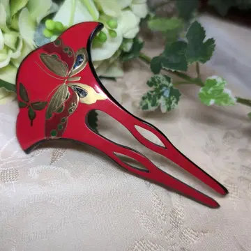 주홍색 마키에 나전 나비 무늬 비녀