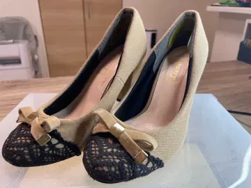 Luxury 베이지 레이스 리본 펌프스 중간 힐 22.0cm