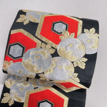 후쿠로 오비 금실 은실 만두국 국화 문양 블랙 기모노 054t