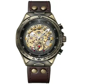 자동 시계 스켈레톤 다이얼 브라운 가죽